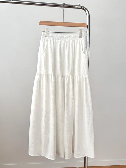 Women's Summer Effortless Chic Midi Skirt - Korean Flowy Big Hem Voluminous Ruffle Cake Skirt
