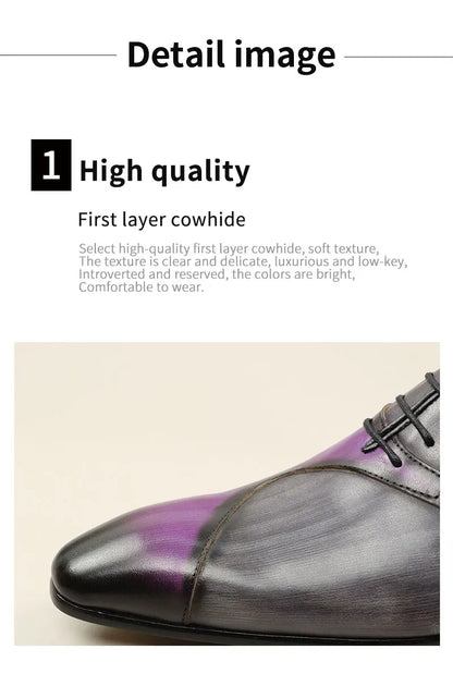 Men Leather Shoes High Quality Oxford Lace Up Side Metal Buckle Gray Purple Color Matching Handmade Business Office Formal Shoes