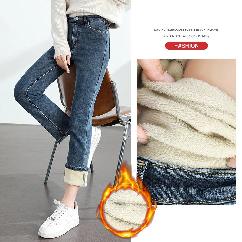 Calças Jeans Femininas de Inverno Quentes de Lã Retrô Elásticas Grossas Confortáveis Retas Modernas Coreanas Casuais de Veludo Denim