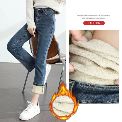 Calças Jeans Femininas de Inverno Quentes de Lã Retrô Elásticas Grossas Confortáveis Retas Modernas Coreanas Casuais de Veludo Denim