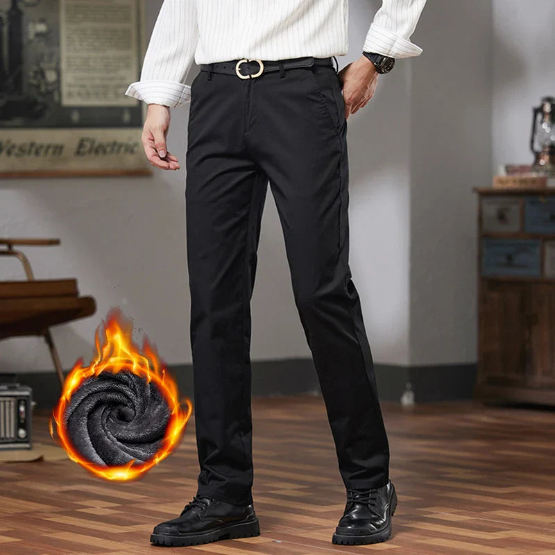 Fleece Winter Casual Pants Men Straight Stretch Soft Warm Velvet Trousers Comfortable Fashion Slim Plush Business Male Pants