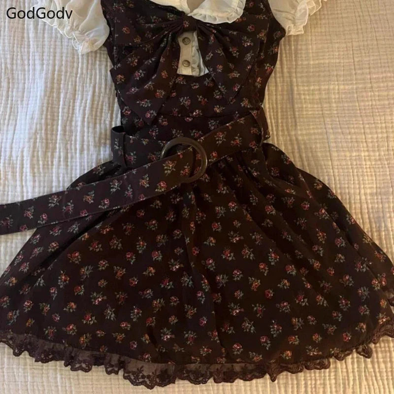 Spring Sweet Vintage Elegant Woman Dress Y2k Puff Sleeve High Waist Fake 2 Piece Mini Dress Female Doll Collar Chic Outfits 2025
