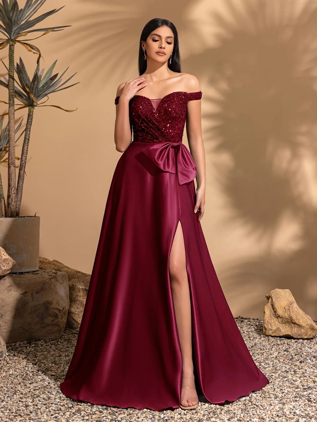 Off-the-shoulder sequined satin elegant dress with bow at waist