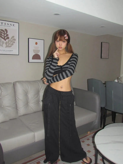 Y2k Crop Top Japanese 2000s Style Striped Long Sleeved T-shirt Vintage Harajuku High Street Tops American Retro