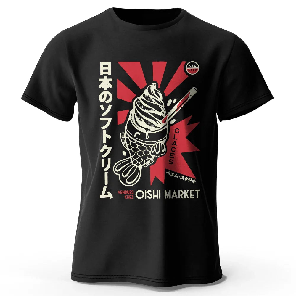 Japanese Foodie Print 100% Cotton T-Shirt, Soft & Breathable Round Neck Short Sleeve Tee, Unisex Cute & Cultural Style