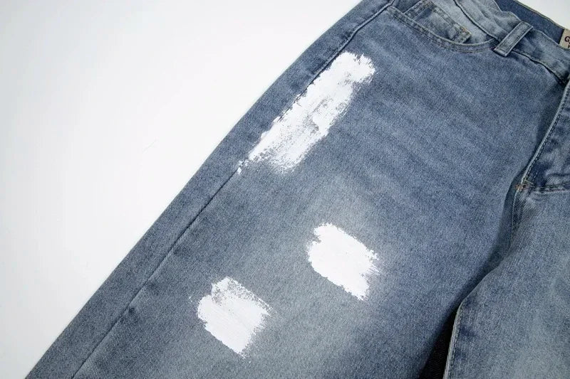 American retro washed letter spliced denim trousers high street trendy brand couple loose straight micro-flared long trousers
