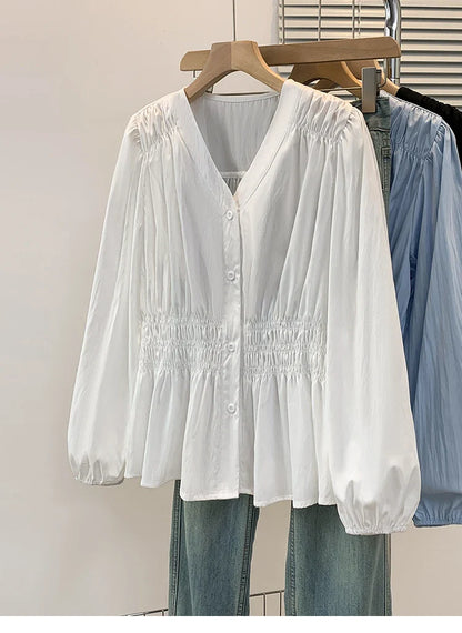 2026 V-neck Long Sleeved Plus Size Shirt Loose Pleated Ruffle Oversized Tops Ladies Chic Elegant Solid Versatile Blouse