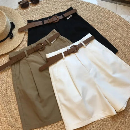 Summer new wide leg shorts Thin cotton A-frame shorts Office ladies classic loose casual zipper shorts for women