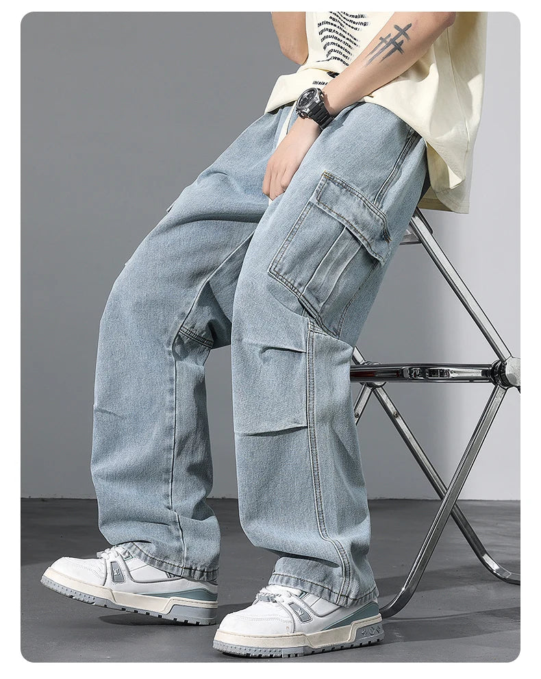 Large Pocket Baggy Solid Jeans Men's 2026 New Spring Classic Straight Denim Trousers Street Y2K Elastic Waist Casual Cargo Pants