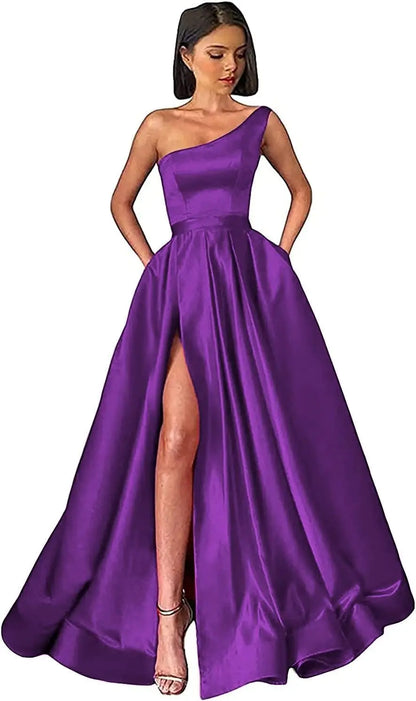 Women's One Shoulder Prom Dresses with Pocket High Slit Pleated Satin Corset Formal Gowns Evening Dress A Line Bridesmaid Gown