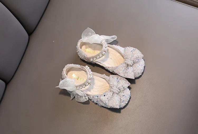 Toddler Girl's Princess Shoes Sequins Lace Bowknot 21-36 Children Mary Janes Three Colors Luxury Trendy Party Kids Shoes Flats