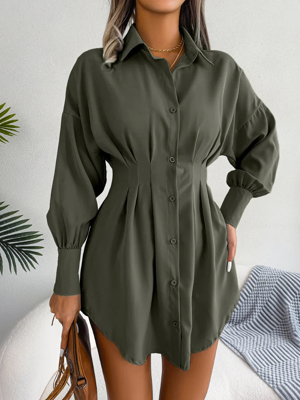 Women Casual Buttons Long Sleeve Shirt Dress Autumn 2026 Solid Color Lapel Mini Dress White Blue Army Green Woman Clothing
