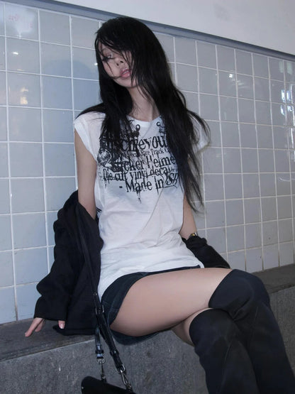 Japanese Y2k Letter Print T-shirt Trashy 2000s Style Tattoo T Shirt Vintage Harajuku Short Sleeve Sheer Tops Grunge Goth