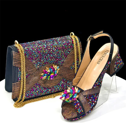 Elegant Gold Peep-Toe Heels with Diamond Accents - Italian Matching Pumps and Bag Set for Parties