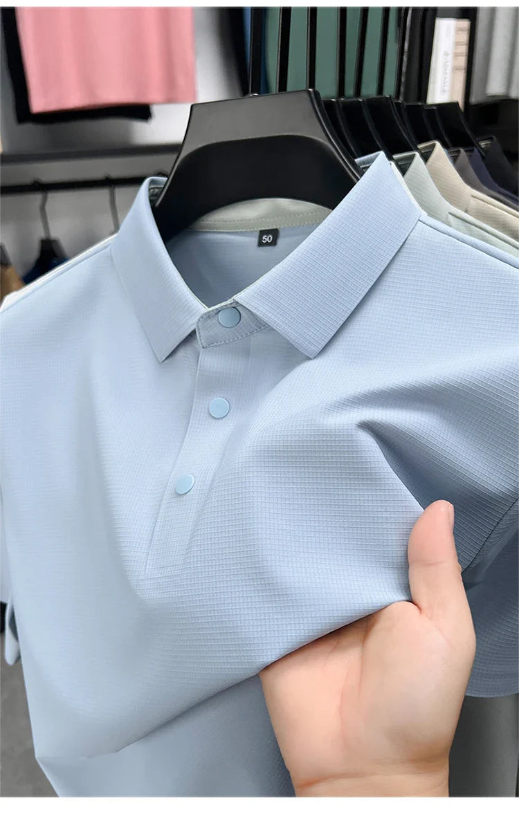 Summer Short Sleeve T-Shirt - Premium Jacquard Spandex, 7A Antibacterial, Seamless, Contrast Color, Split Hem, Wrinkle-Free Polo