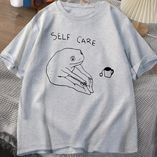 Funny Frog Self Care T-Shirt Retro Cottagecore Frog Printed Tshirt Women Men Summer Round Neck Short Sleeve Tee Shirt Streetwear