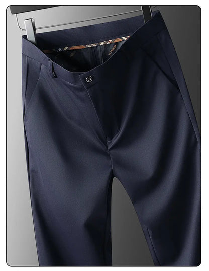 Spring Summer Mens Stretch Pants Smart Casual Suit Pants Wrinkle Resistant Dress Pants with Embroidery Pattern