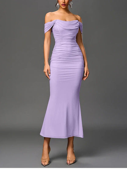 Women's Off Shoulder Ruched Mesh Long Corset Dress Backless Fishbone Bodycon Elegant Fashion Party Club Maxi Dresses