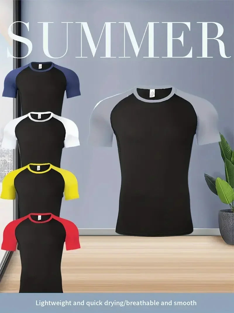 Men's Compress Shirt + 2-in-1 sports shorts 2pcs Set Leisure Breath Short Sleeve Sport Jogging Gym Brand Print Clothing