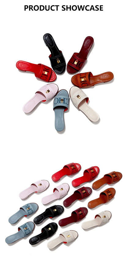 Fashion Monogram Print Elegant Design Women's Low Heeled Slippers Solid Color High Quality Metal Lock Simple Single Shoes