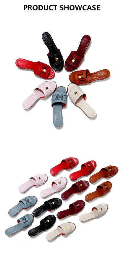 Fashion Monogram Print Elegant Design Women's Low Heeled Slippers Solid Color High Quality Metal Lock Simple Single Shoes