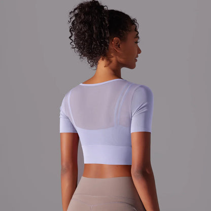 Women's Mesh Yoga Shirt Sexy Short Sleeve T-Shirt Sport Top Blouse Cover Up Quick Dry Gym Clothes Running Fitness Tank Sportwear