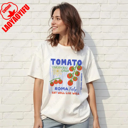 Vintage Italian Tomato Cotton Graphic Tshirt Summer Shirt Women Top Italy Vacation Aesthetic Tomato Girl Market Style