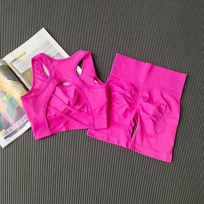 High Waist Butt Lifting Fitness Suit Gathering Beautiful Back Yoga Suit Bras Quick-drying Running Peach Buttock Training 2PCS