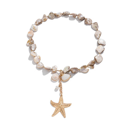 Retro Starfish White Shell Conch Pendant Necklace  Women 2024 Simple Creative Colorful Stones  Hand Woven beach Jewelry Girls