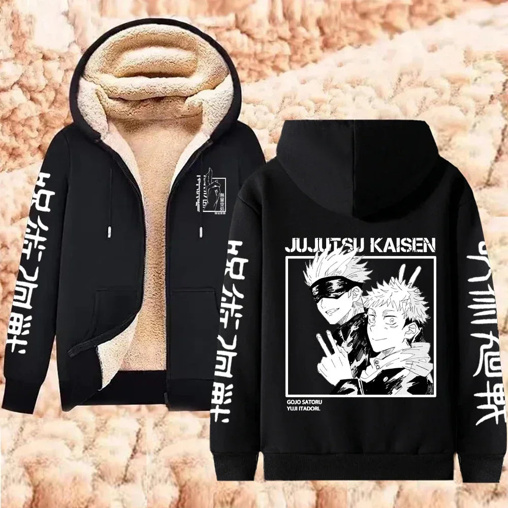 Jaqueta com Zíper Quente Gojo Satoru Anime Moletom Grosso Masculino Feminino Lã de Cordeiro Casual Manga Longa Streetwear