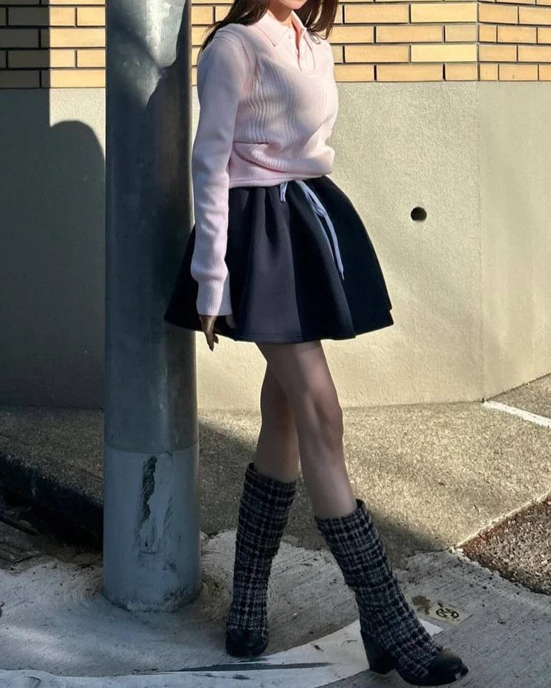 New Japanese Style Drawstring Casual Cute Girl Skirt 2025 Spring and Summer Sweet Ladies Elastic Waist Kawaii Short Skirt Women