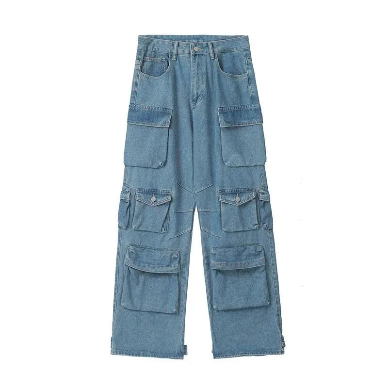 Multi-Pocket Blue Washed Jeans Cargo Pants