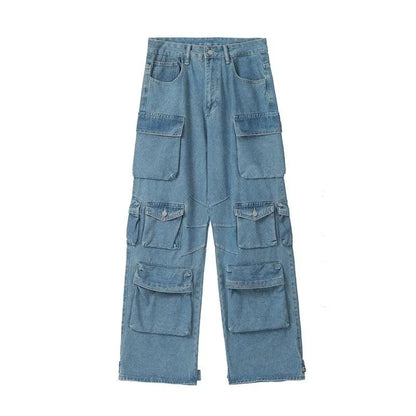 Multi-Pocket Blue Washed Jeans Cargo Pants