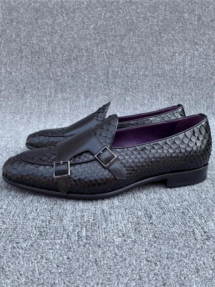 Gentleman Snake Skin Genuine Leather Monk Shoes Wedding Dress Shoes Buckle Slip On Loafers SpringBusiness Man Work Formal Shoes