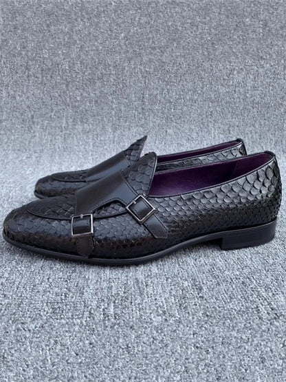 Gentleman Snake Skin Genuine Leather Monk Shoes Wedding Dress Shoes Buckle Slip On Loafers SpringBusiness Man Work Formal Shoes