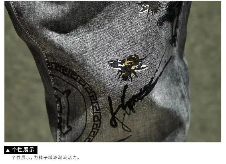 Spring and Autumn New Fashion Trend Print Retro Straight Leg Sports Denim Pants Men's Casual Slim Breathable High-Quality Jeans