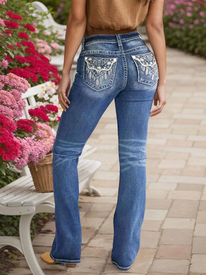 Women's Embroidered Wash Denim Jeans – Heavy-Duty Stitching for Style and Durability