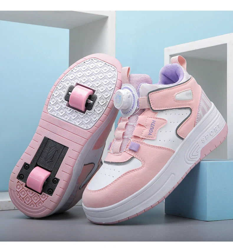 Children's walking shoes 2024 new double wheel invisible roller skates young primary school children big child swivel buckle
