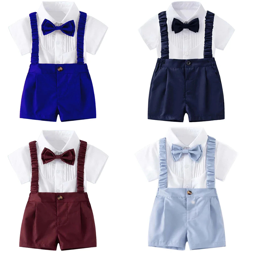 Summer Children's Clothing Short Sleeve Lapel Wrinkle Shirt with Solid Overalls Boy Gentleman Wedding Costume Cotton Kid Suit