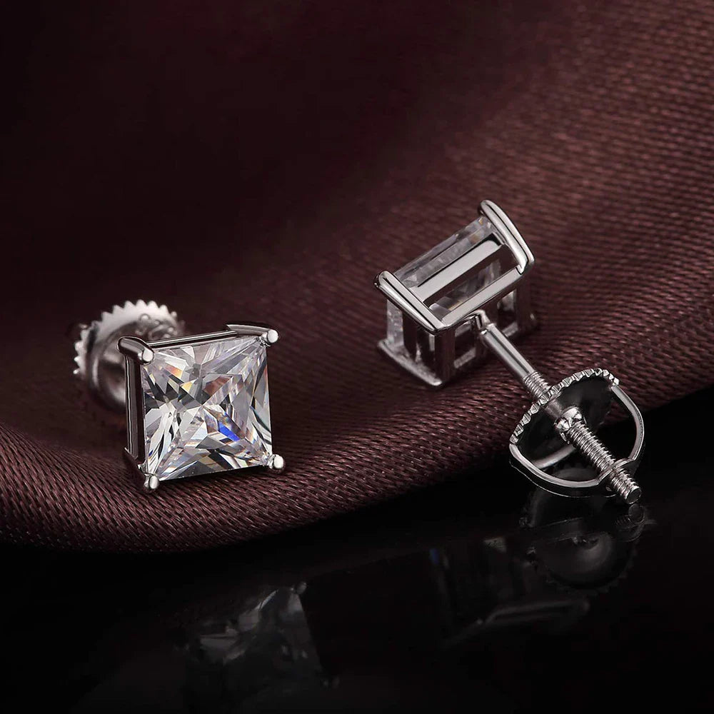 1/2/3/4carat Princess Cut Moissanite Stud Earrings Screw Back 925 Sterling Silver Square Diamond Stud Earring for Women Men Gift