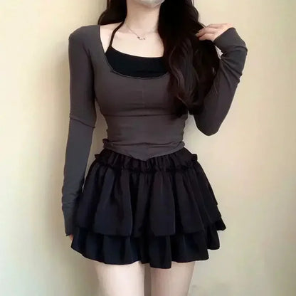 Summer Mini Pleated A-Line Skirt Adorable Flirty High Waist Ruffle Patchwork Lolita Ball Gown Y2K Korean Sweet Women's Clothing