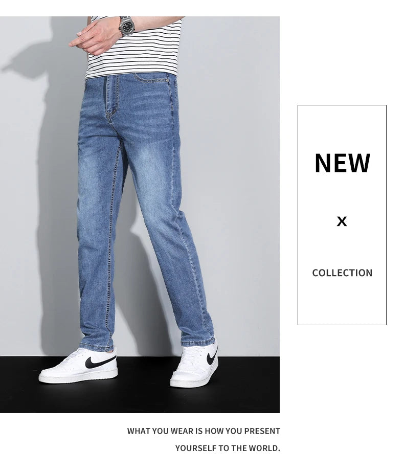 Men's Ice Silk Denim Cargo Pants Summer New Thin Business Casual Jeans Outdoor Y2K All Match Slim Fit Straight Elastic Jean Male