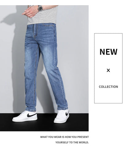 Men's Ice Silk Denim Cargo Pants Summer New Thin Business Casual Jeans Outdoor Y2K All Match Slim Fit Straight Elastic Jean Male