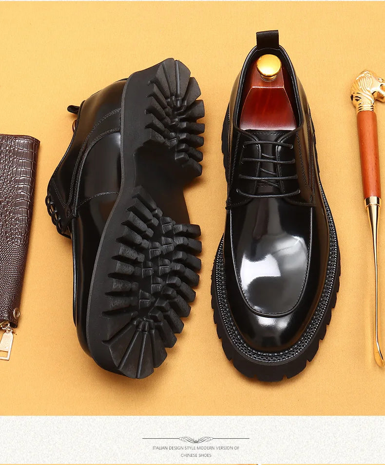 Men Oxford Brogue Genuine Leather Shoes Black Brown Classic Style Platform Lace Up Formal Shoes Wedding Office Dress Shoes Men