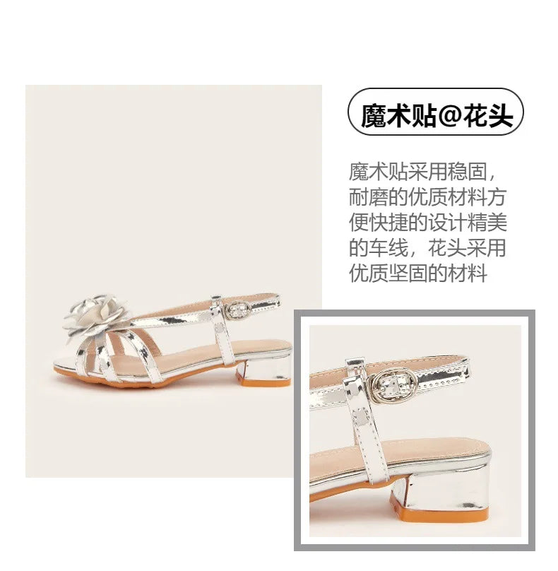 2025 Summer New Children's High Heels Fashion Flower Girls' Princess Sandals Silver Kid's Performance Dance Shoes 5-10 Years Old