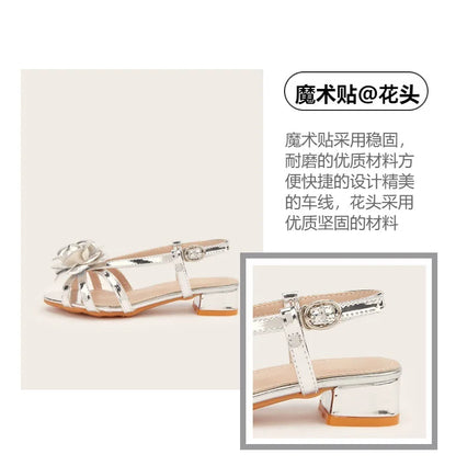 2025 Summer New Children's High Heels Fashion Flower Girls' Princess Sandals Silver Kid's Performance Dance Shoes 5-10 Years Old