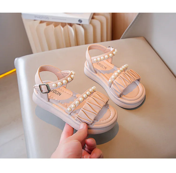 Girls Sandals Kids Summer Shoes Children's Beach Sandals with Pearls Princess Sweet Anti-slippery Open Toes Lace Chic Beading