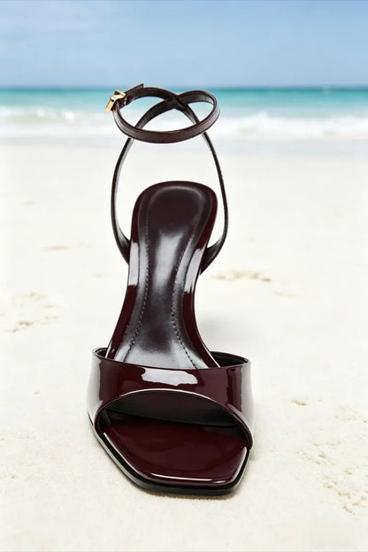 Elegant Burgundy Patent Leather High-heel Sandals Women Fashion Square Toe Stiletto Designer Shoes Sexy Open-toe Slingback Heels