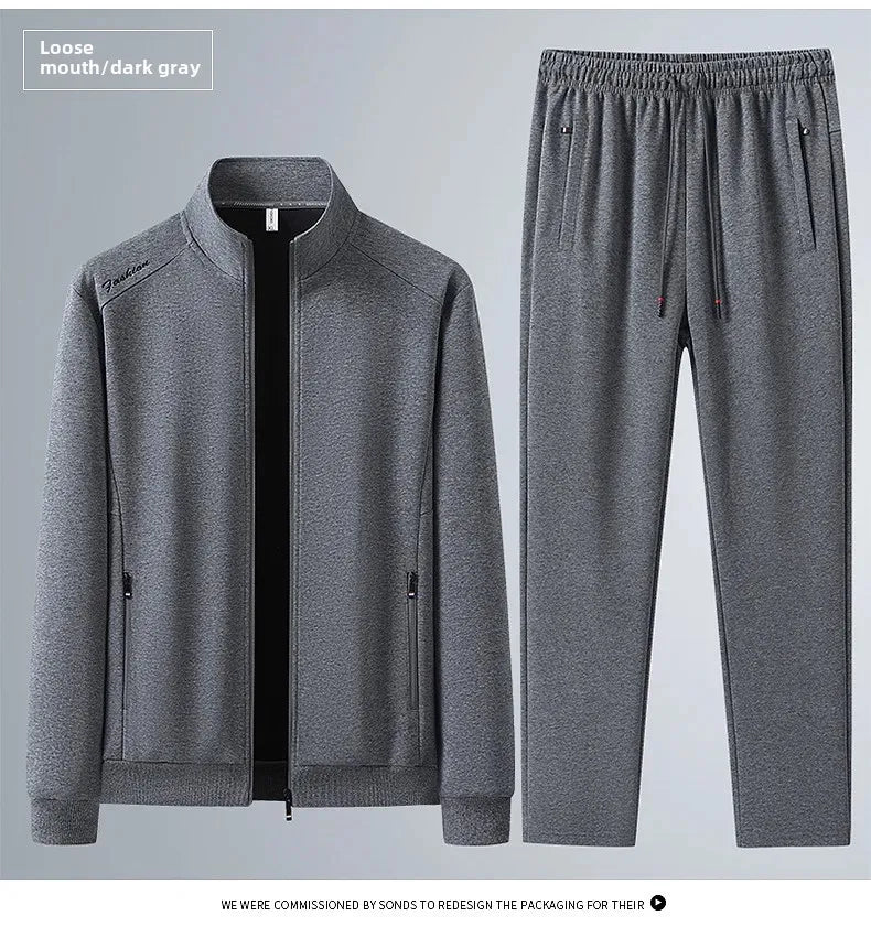 Spring Autumn New Men's Cotton Sports Suit Stand Collar Sweatshirt Middle-Aged And Elderly Casual Stylish Cardigan Loose-Fit 2-P