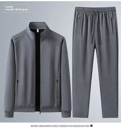 Spring Autumn New Men's Cotton Sports Suit Stand Collar Sweatshirt Middle-Aged And Elderly Casual Stylish Cardigan Loose-Fit 2-P